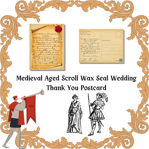 Medieval Aged Scroll Wax Seal Wedding Thank You Postcard
