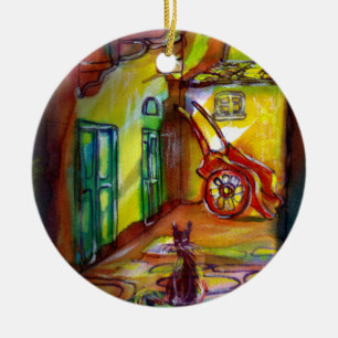 MEDIEVAL ALLEY BY NIGHT IN FLORENCE WITH BLACK CAT CERAMIC ORNAMENT