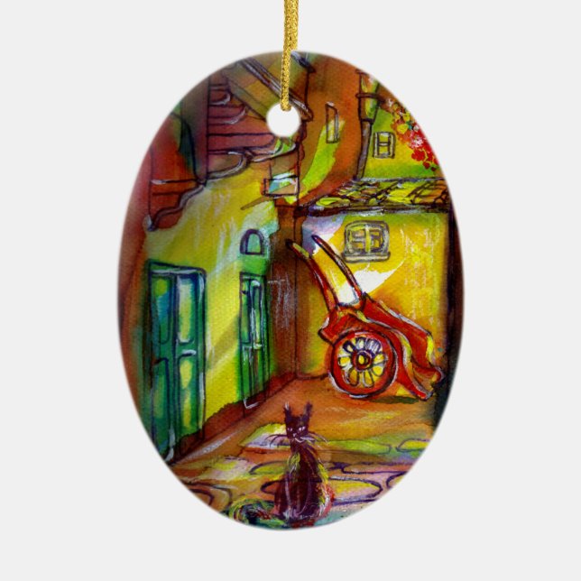 MEDIEVAL ALLEY BY NIGHT IN FLORENCE WITH BLACK CAT CERAMIC ORNAMENT (Front)