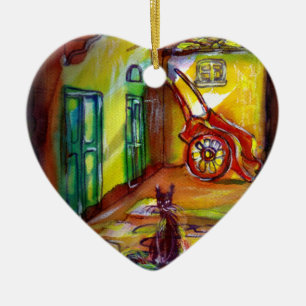 MEDIEVAL ALLEY BY NIGHT IN FLORENCE WITH BLACK CAT CERAMIC ORNAMENT