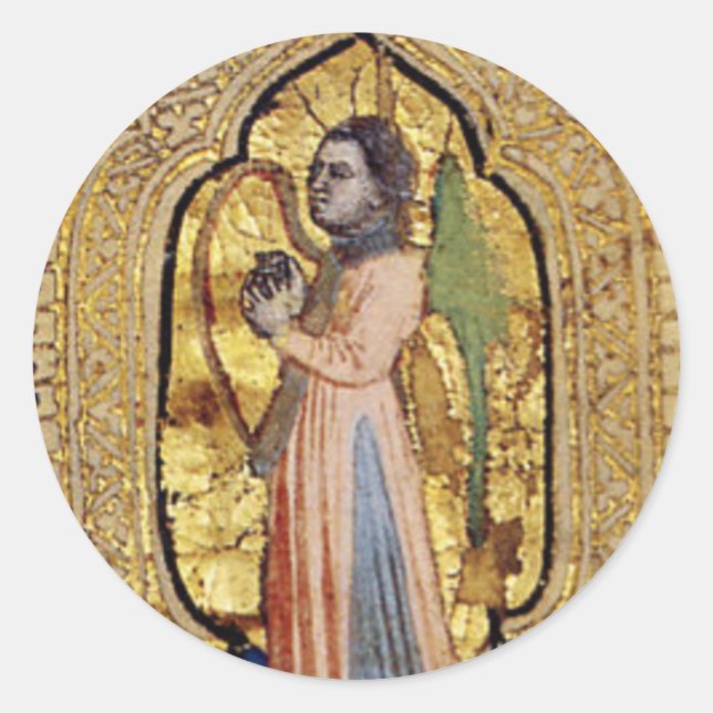 Medieval Angel With Harp Gold Italian Renaissance Classic Round Sticker (Front)