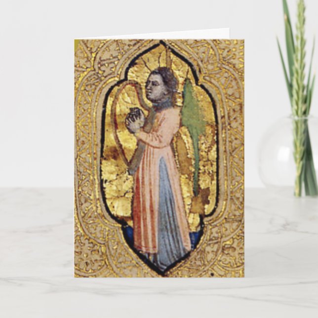 Medieval Angel With Harp Gold Renaissance Fine Art Card (Front)