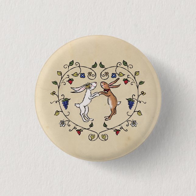 Medieval animals bride and groom in heart badge button (Front)