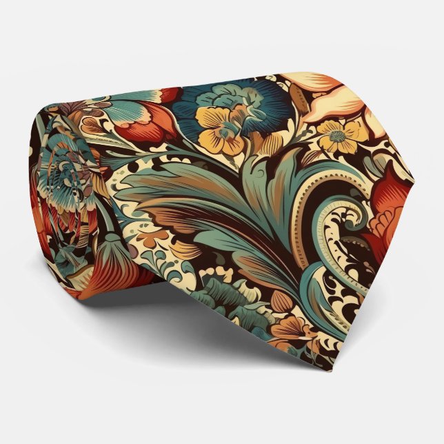 Medieval Antique Inspired Floral Motifs Neck Tie (Rolled)
