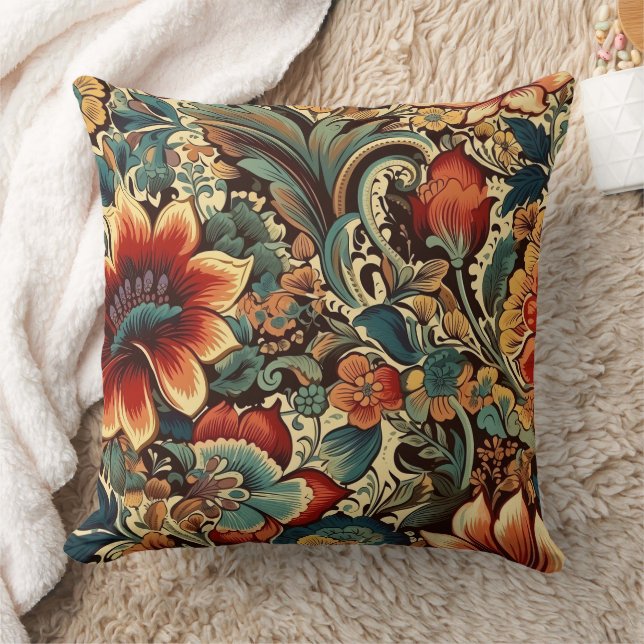 Medieval Antique Inspired Floral Motifs Throw Pillow (Blanket)