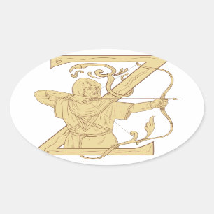 Medieval Archer Aiming Bow and Arrow Letter Z Draw Oval Sticker