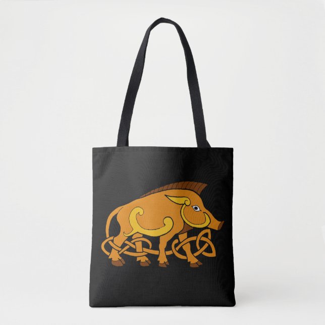 Medieval Art Celtic Knot Wild Boar Tote Bag (Front)
