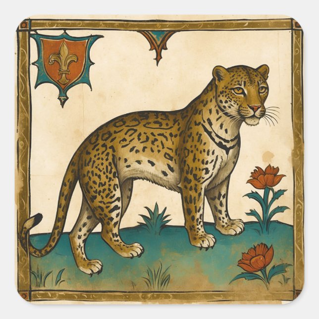 Medieval Art of Leopard with Red Flowers Square Sticker (Front)