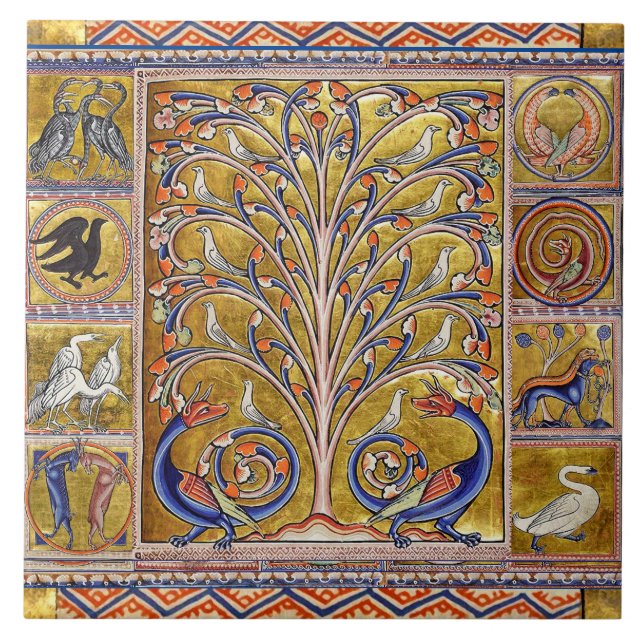 MEDIEVAL BESTIARY,BIRDS ON TREE OF LIFE,DRAGONS  CERAMIC TILE (Front)