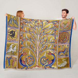 MEDIEVAL BESTIARY,BIRDS ON TREE OF LIFE,DRAGONS  FLEECE BLANKET