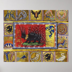 MEDIEVAL BESTIARY,BLACK HEDGEHOG KING and ANIMALS Poster