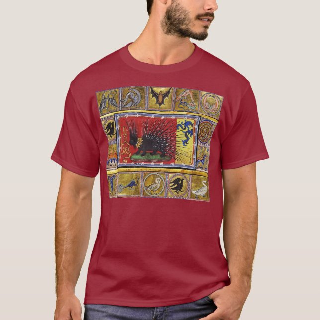 MEDIEVAL BESTIARY,BLACK HEDGEHOG KING and ANIMALS T-Shirt (Front)