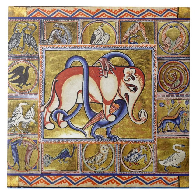 MEDIEVAL BESTIARY,ELEPHANT COMBATTING SNAKE DRAGON CERAMIC TILE (Front)