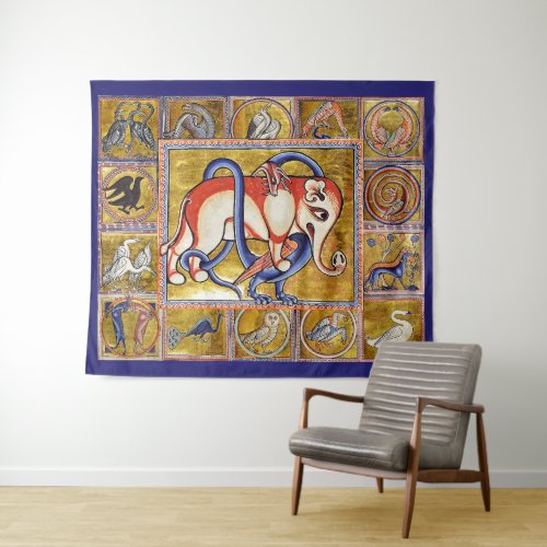 MEDIEVAL BESTIARYELEPHANT COMBATTING SNAKE DRAGON TAPESTRY