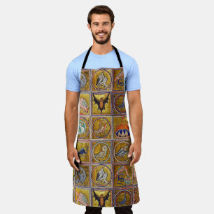 MEDIEVAL BESTIARY, FANTASTIC ANIMALS,GOLD RED BLUE APRON