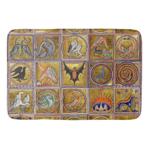 MEDIEVAL BESTIARY, FANTASTIC ANIMALS,GOLD RED BLUE BATH MAT
