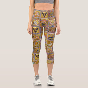 MEDIEVAL BESTIARY, FANTASTIC ANIMALS,GOLD RED BLUE CAPRI LEGGINGS