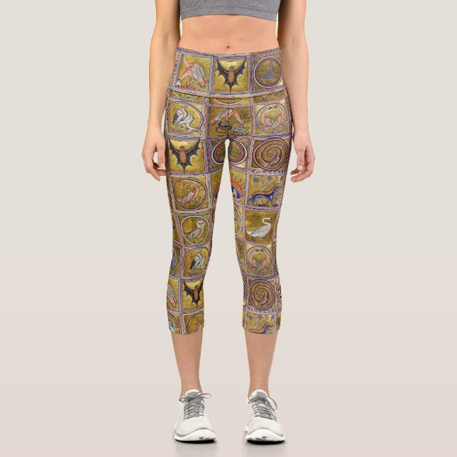 MEDIEVAL BESTIARY, FANTASTIC ANIMALS,GOLD RED BLUE CAPRI LEGGINGS (Front)