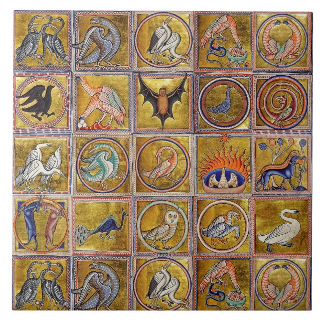 MEDIEVAL BESTIARY, FANTASTIC ANIMALS,GOLD RED BLUE CERAMIC TILE (Front)
