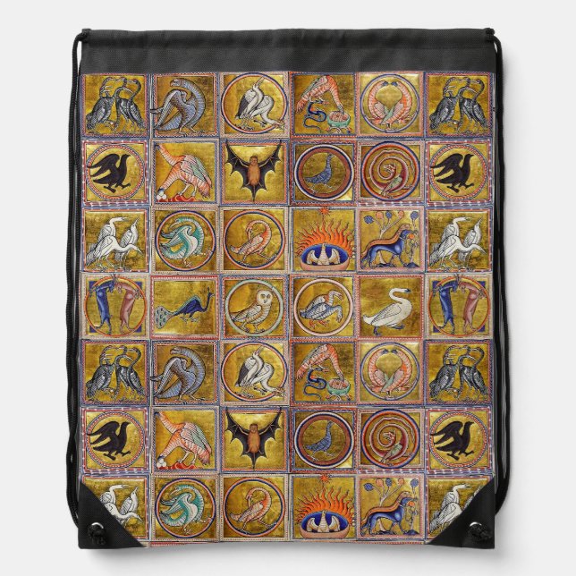 MEDIEVAL BESTIARY, FANTASTIC ANIMALS,GOLD RED BLUE DRAWSTRING BAG (Front)
