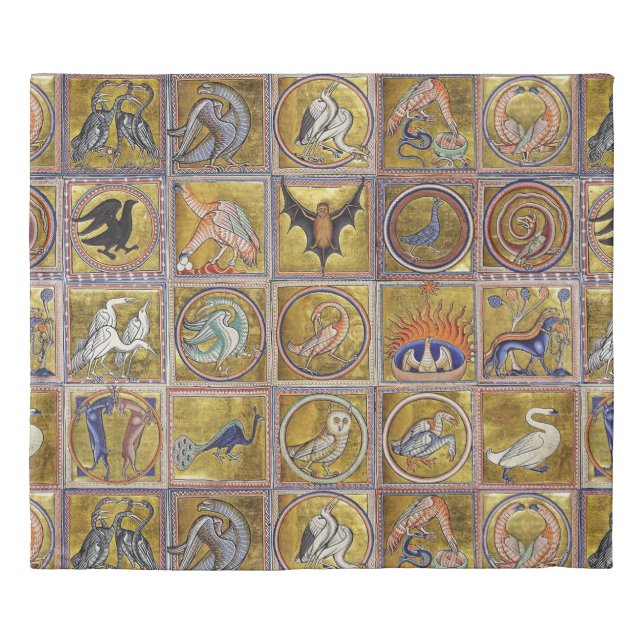 MEDIEVAL BESTIARY, FANTASTIC ANIMALS,GOLD RED BLUE DUVET COVER (Front)