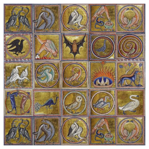 MEDIEVAL BESTIARY, FANTASTIC ANIMALS,GOLD RED BLUE FABRIC