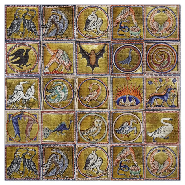 MEDIEVAL BESTIARY, FANTASTIC ANIMALS,GOLD RED BLUE FABRIC (Swatch)