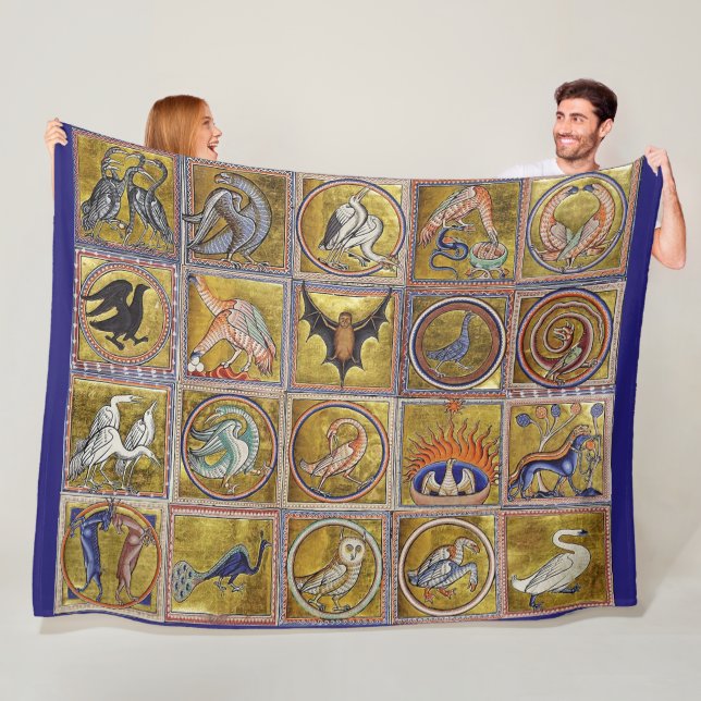MEDIEVAL BESTIARY, FANTASTIC ANIMALS,GOLD RED BLUE FLEECE BLANKET (In Situ)