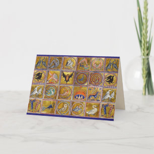 MEDIEVAL BESTIARY, FANTASTIC ANIMALS,GOLD RED BLUE HOLIDAY CARD