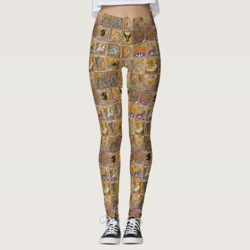 MEDIEVAL BESTIARY FANTASTIC ANIMALSGOLD RED BLUE LEGGINGS