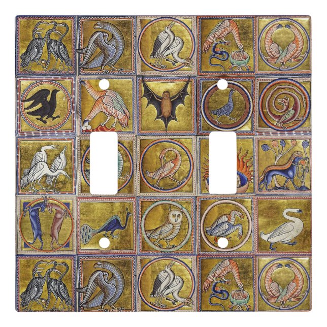 MEDIEVAL BESTIARY, FANTASTIC ANIMALS,GOLD RED BLUE LIGHT SWITCH COVER (Front)