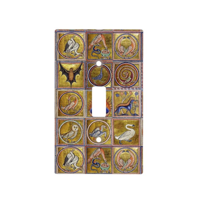 MEDIEVAL BESTIARY, FANTASTIC ANIMALS,GOLD RED BLUE LIGHT SWITCH COVER (Front)