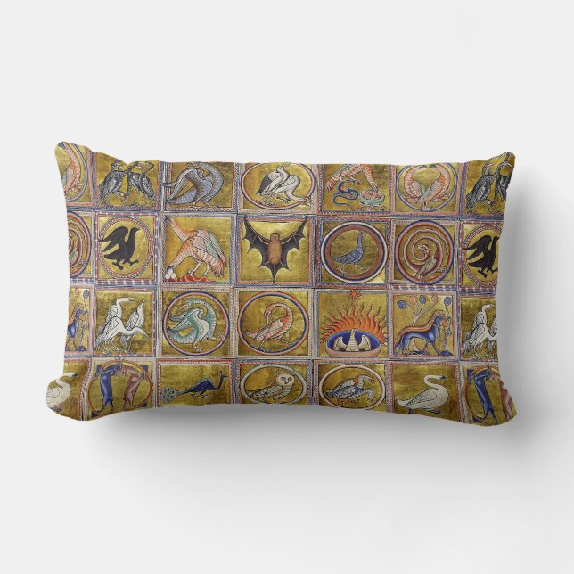 MEDIEVAL BESTIARY, FANTASTIC ANIMALS,GOLD RED BLUE LUMBAR PILLOW (Front)