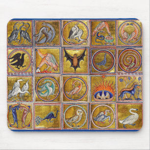 MEDIEVAL BESTIARY, FANTASTIC ANIMALS,GOLD RED BLUE MOUSE PAD