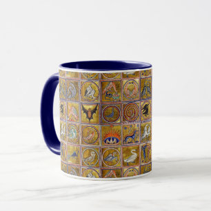 MEDIEVAL BESTIARY, FANTASTIC ANIMALS,GOLD RED BLUE MUG