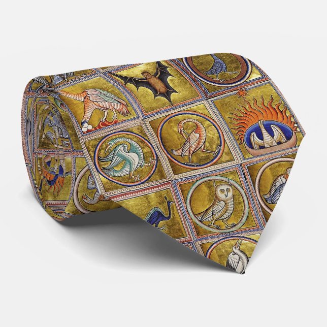 MEDIEVAL BESTIARY, FANTASTIC ANIMALS,GOLD RED BLUE NECK TIE (Rolled)