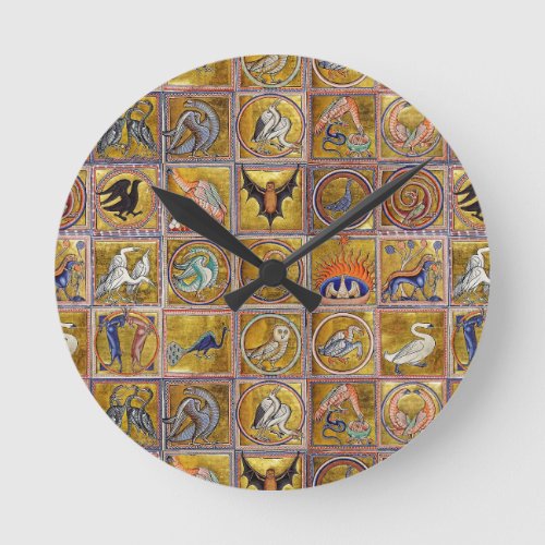 MEDIEVAL BESTIARY FANTASTIC ANIMALSGOLD RED BLUE ROUND CLOCK