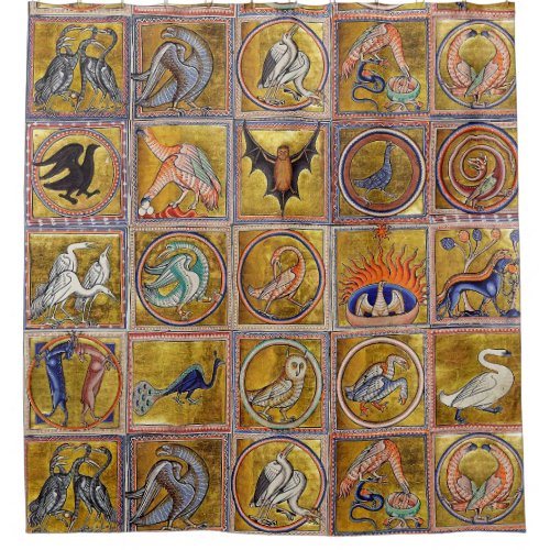 MEDIEVAL BESTIARY FANTASTIC ANIMALSGOLD RED BLUE SHOWER CURTAIN