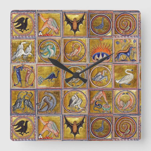 MEDIEVAL BESTIARY FANTASTIC ANIMALSGOLD RED BLUE SQUARE WALL CLOCK