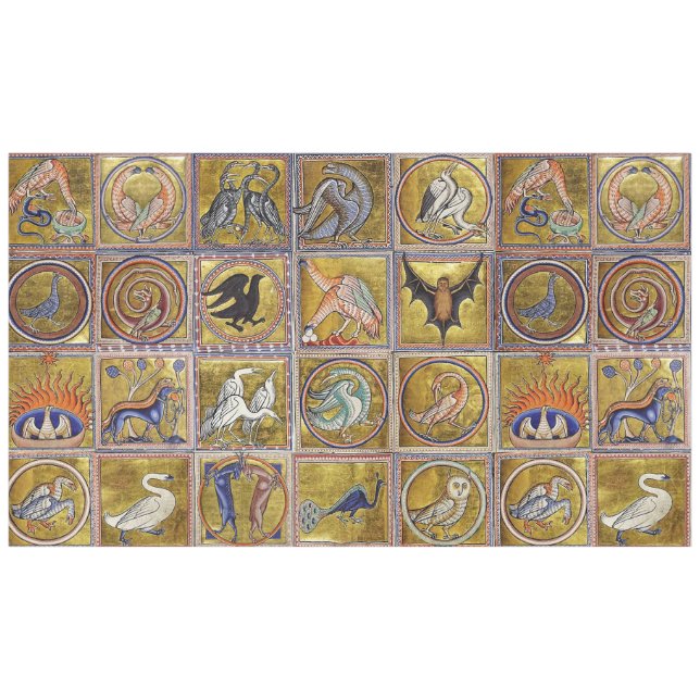 MEDIEVAL BESTIARY, FANTASTIC ANIMALS,GOLD RED BLUE TABLECLOTH (Front (Horizontal))