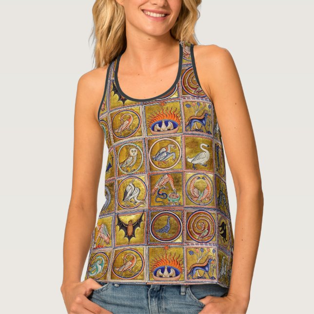 MEDIEVAL BESTIARY, FANTASTIC ANIMALS,GOLD RED BLUE TANK TOP (Front)