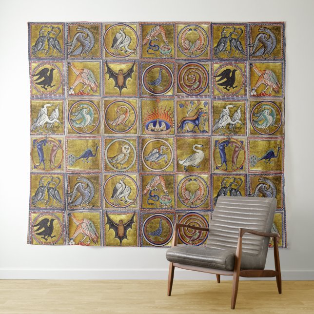 MEDIEVAL BESTIARY, FANTASTIC ANIMALS,GOLD RED BLUE TAPESTRY (In Situ (Horizontal))
