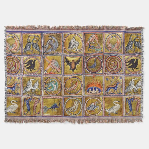 MEDIEVAL BESTIARY FANTASTIC ANIMALSGOLD RED BLUE THROW BLANKET