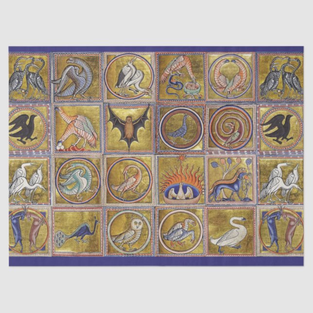 MEDIEVAL BESTIARY, FANTASTIC ANIMALS,GOLD RED BLUE TISSUE PAPER (Front)