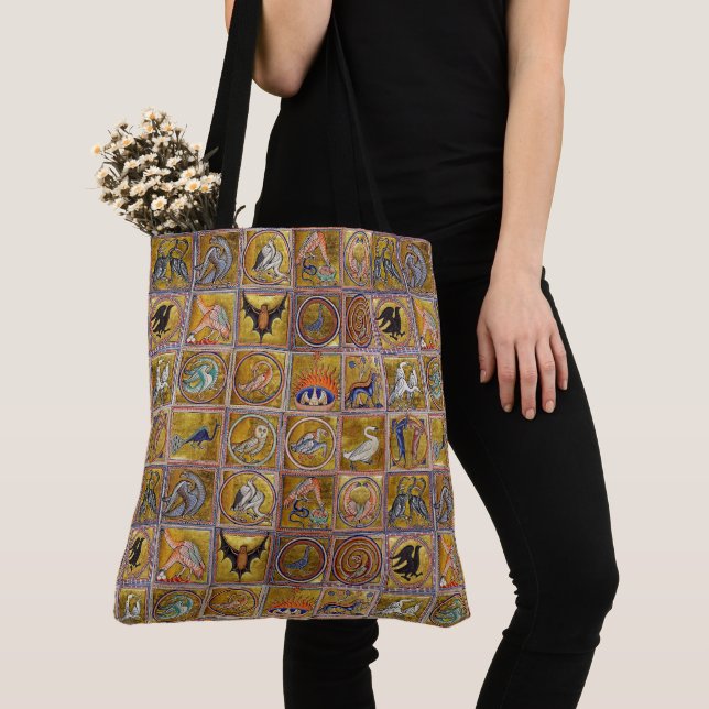 MEDIEVAL BESTIARY, FANTASTIC ANIMALS,GOLD RED BLUE TOTE BAG (Close Up)