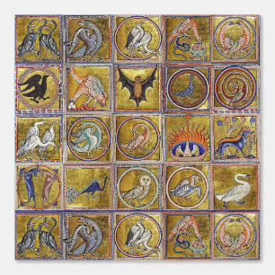 MEDIEVAL BESTIARY, FANTASTIC ANIMALS,GOLD RED BLUE WALLPAPER