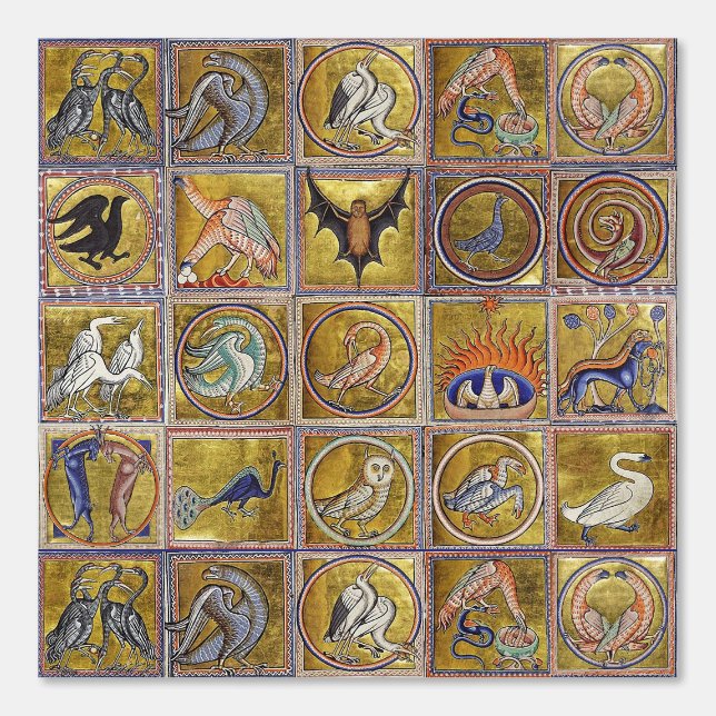 MEDIEVAL BESTIARY, FANTASTIC ANIMALS,GOLD RED BLUE WALLPAPER  (Front)