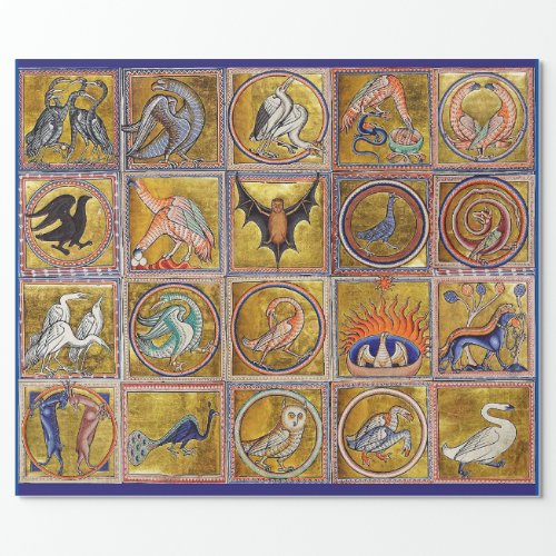 MEDIEVAL BESTIARY FANTASTIC ANIMALSGOLD RED BLUE WRAPPING PAPER