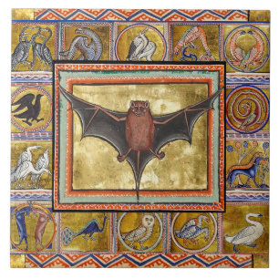 MEDIEVAL BESTIARY,FLYING BAT,FOREST ANIMALS CERAMIC TILE