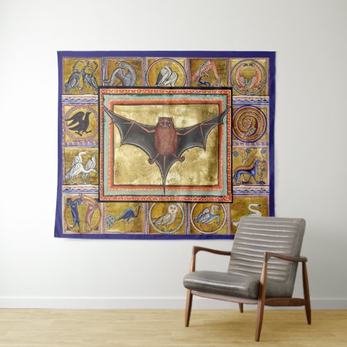 MEDIEVAL BESTIARYFLYING BATFOREST ANIMALS TAPESTRY